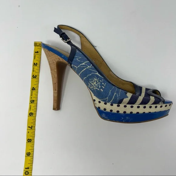 Nine West Blue Patterned Cork Heel Slingback Peep Toe Pumps Size 10 - Picture 6 of 8